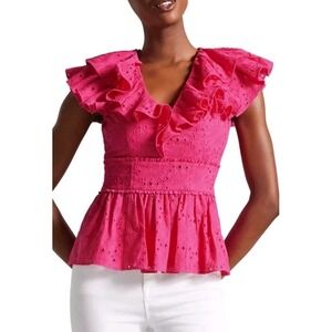 Ted Baker Mazieh Broderie Eyelet Peplum Top Size 0 (US 2) Ruffle Sleeve Pink